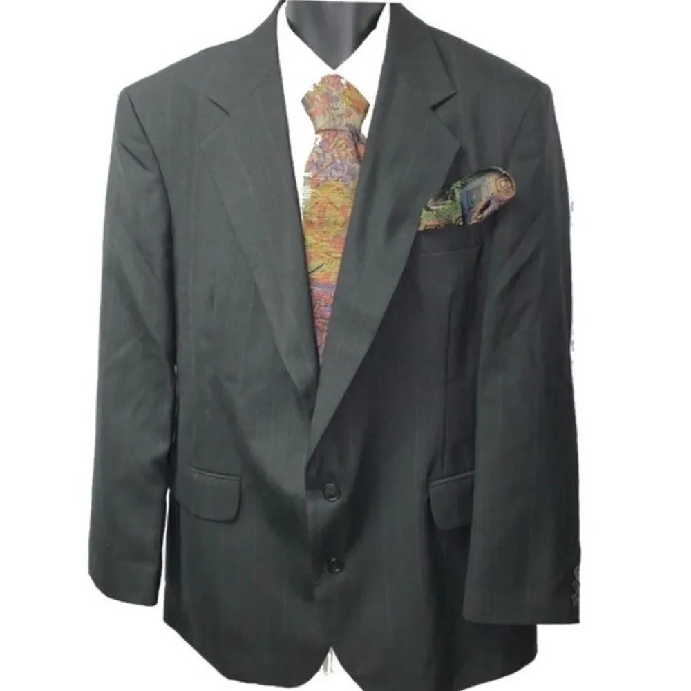 Haggar Clothing Co Sport Coat 44 Pinstripe Two Button Dark Gray‎ Classic Blazer